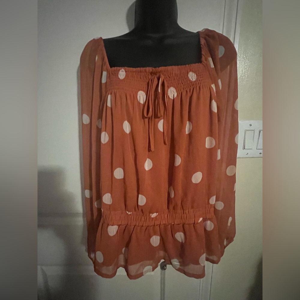 LC Lauren Conrad Terracotta Blouse with Cream Dots